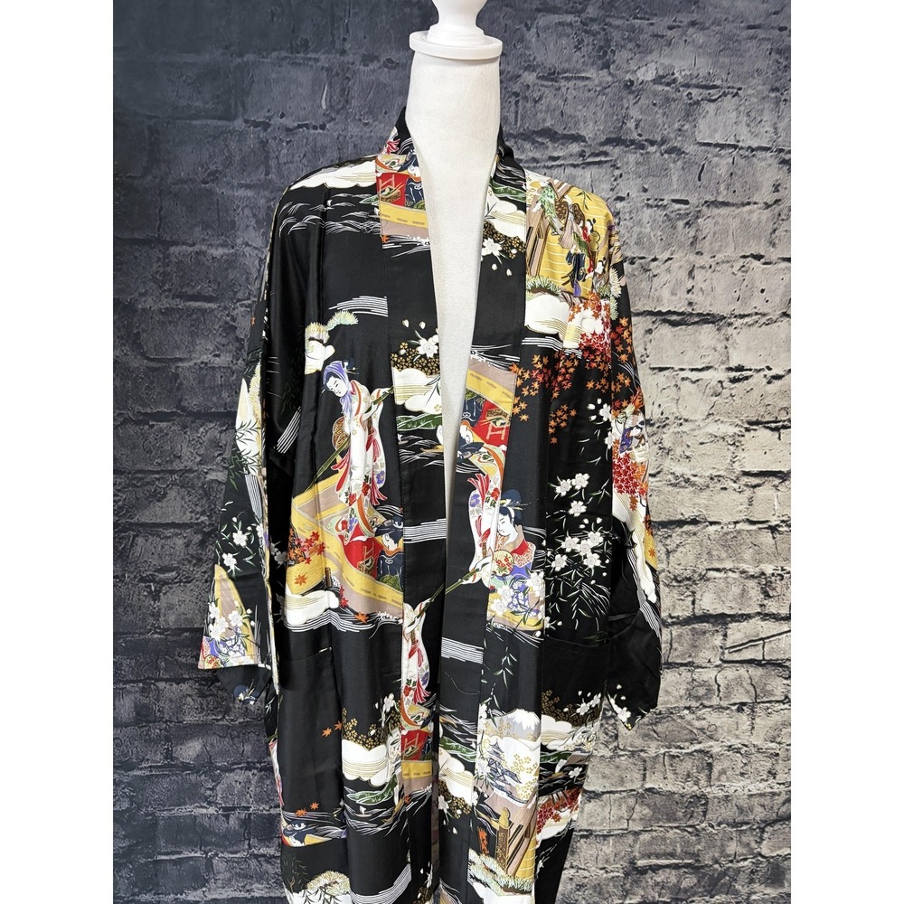 Oriental Bazaar Kimono Robe Womens XL Black Cotton Belted Floral Scenic Print - Picture 2 of 14